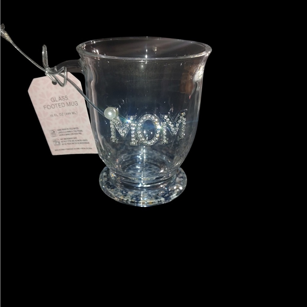 Crystal Clear 'MOM' Footed Glass rhinestone Mug great fit Mother’s Day NWT
